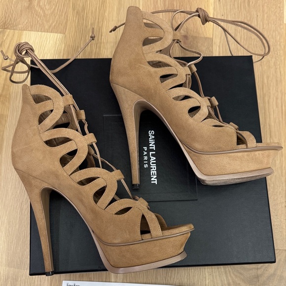 Saint Laurent Tribute 105mm Lace-Up Heels – Chamois Suede – Size 38 - Picture 6 of 16